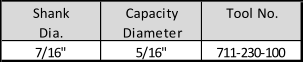 Shank Capacity Tool No. Dia. Diameter 7/16" 5/16" 711-230-100